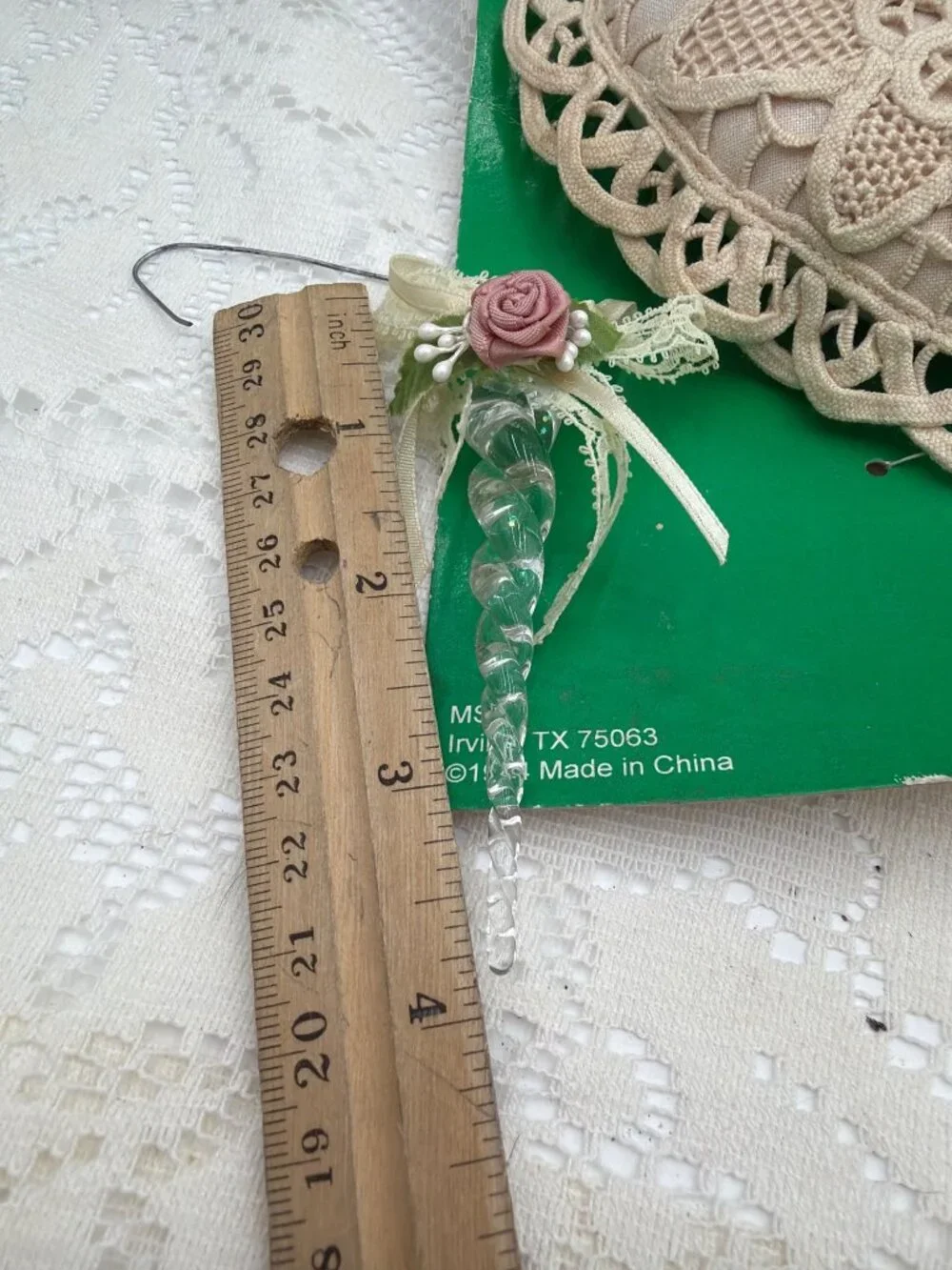 Vintage Lace Heart & Crochet Bell Christmas Ornaments Glass Icicle Accent Set Of